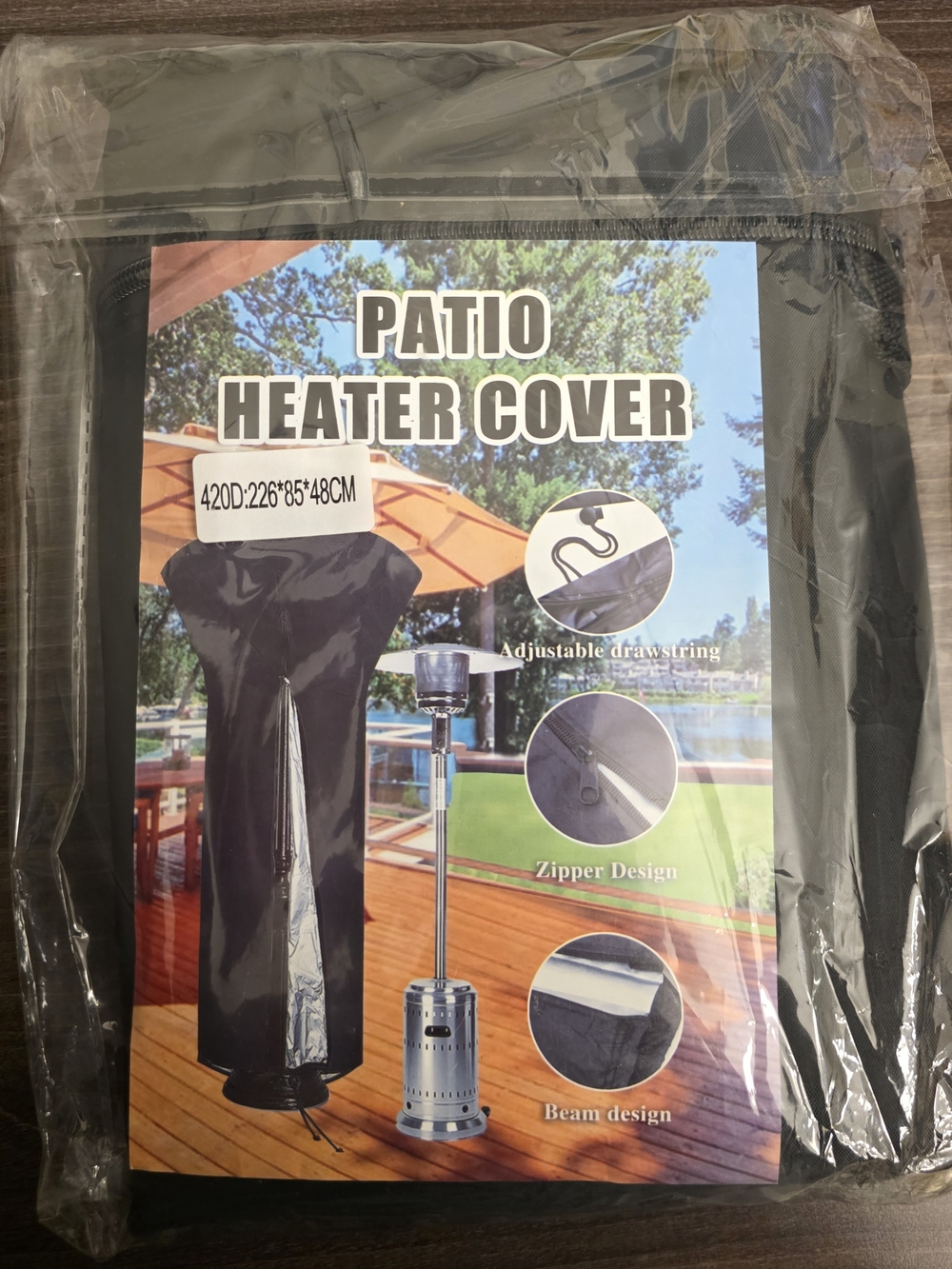 Universal Black Patio Heater Cover with Zipper and Drawstring